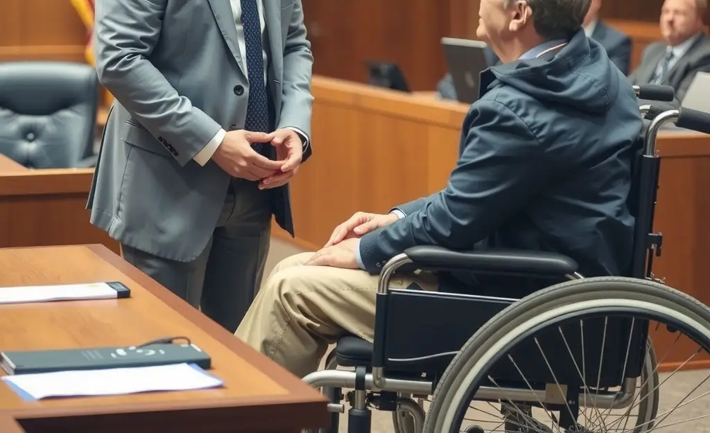 A courtroom scene featuring a compassionate personal injury lawyer speaking with a client in a wheelchair.