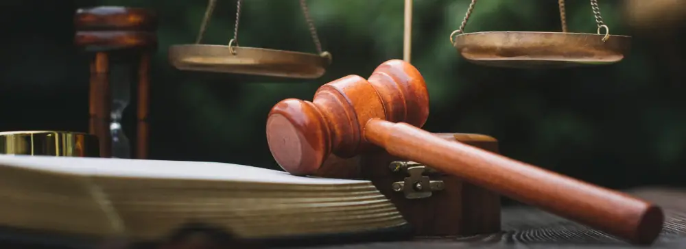 A gavel laying on top of a legal book in front of scales