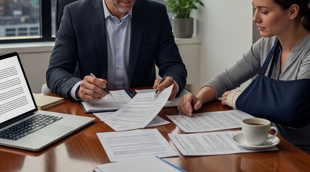 A professional personal injury lawyer consulting with a client.