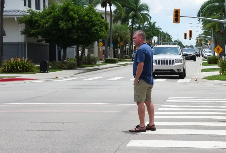 A pedestrian crosswalk at a busy intersection.