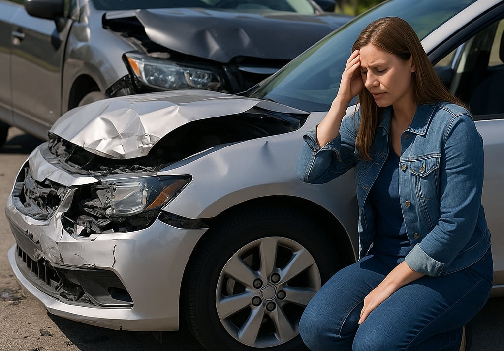 A distressed woman sits beside her damaged car after a collision.
