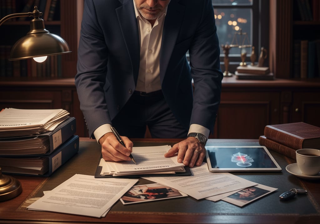 A personal injury lawyer focused on case files.