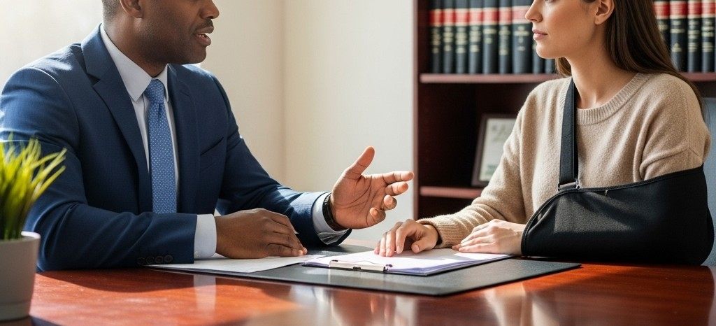 A lawyer consulting with an injured female client with her arm in a sling.
