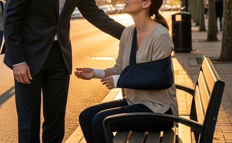 A confident personal injury lawyer from Kogan & DiSalvo stands speaking with a recovering accident victim, symbolizing support, justice, and trusted legal guidance in Fort Lauderdale.