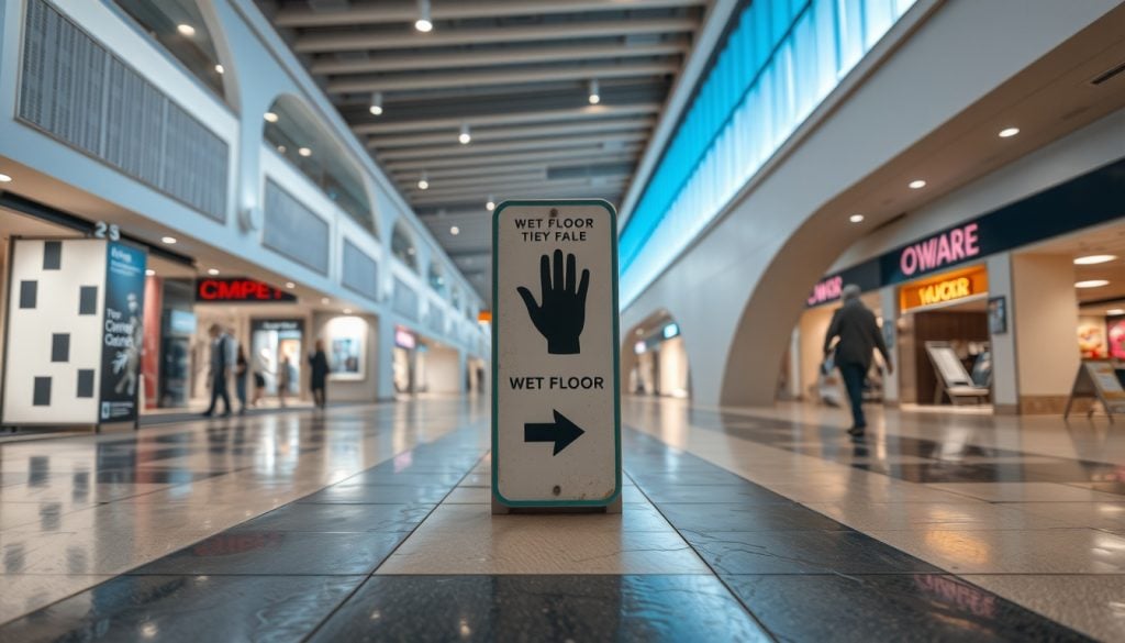 wet floor sign in a mall set visible to avoid any slip and fall injuries