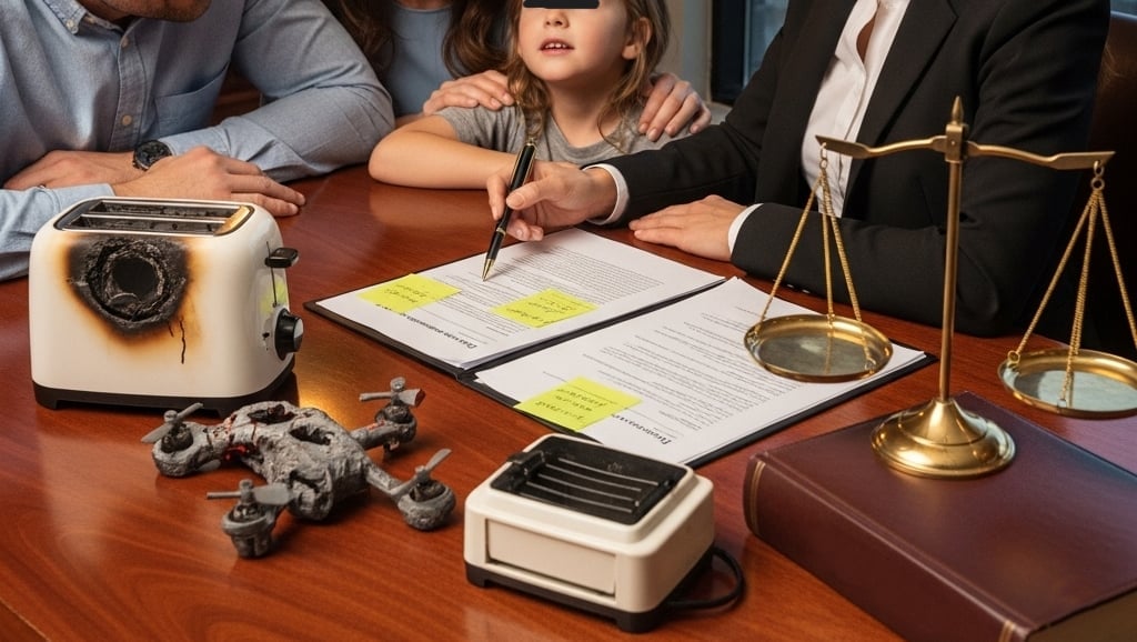 A professional attorney sits at a desk across from a family—a mother, father, and young child. The attorney is pointing to a document on the desk. On the table are two broken products.