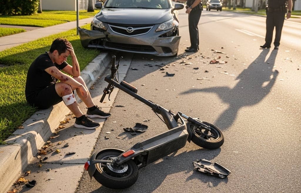 An injured electric scooter rider sits beside a damaged scooter on a street in Plantation, FL. A car is stopped nearby, and the police presence underscores the seriousness of the situation.