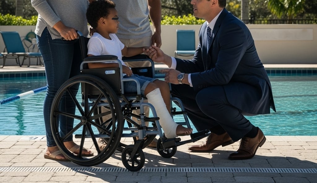 A concerned lawyer discussing a case with a family near a swimming pool backdrop, symbolizing legal help after a pool accident.