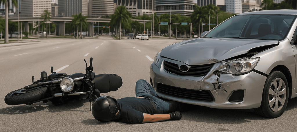 A daytime scene in downtown Miami showing a silver sedan and a fallen motorcycle after a crash, with the injured rider on the road
