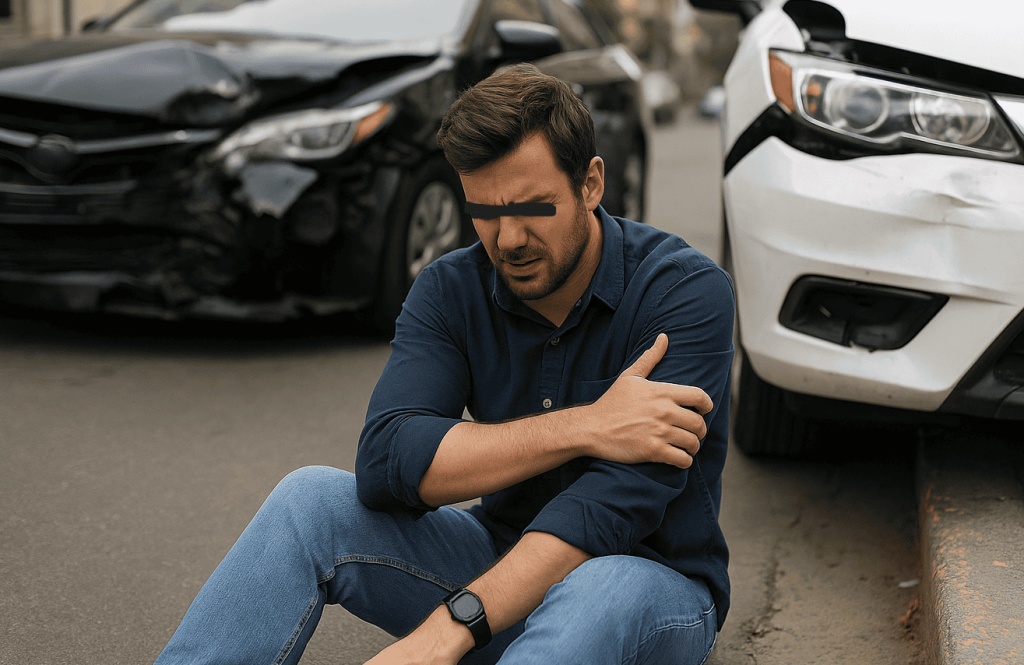 A man injured in a car accident, sitting on the street near two damaged vehicles, clutching his shoulder in pain.