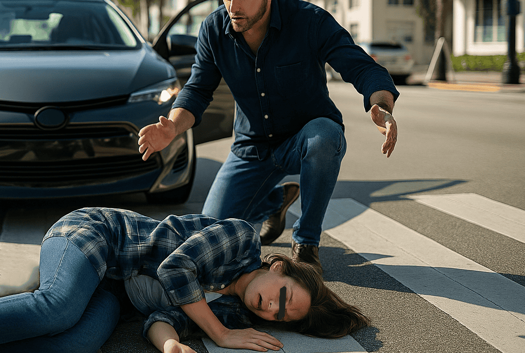 A concerned driver assisting an injured woman lying in a crosswalk after a bicycle accident.