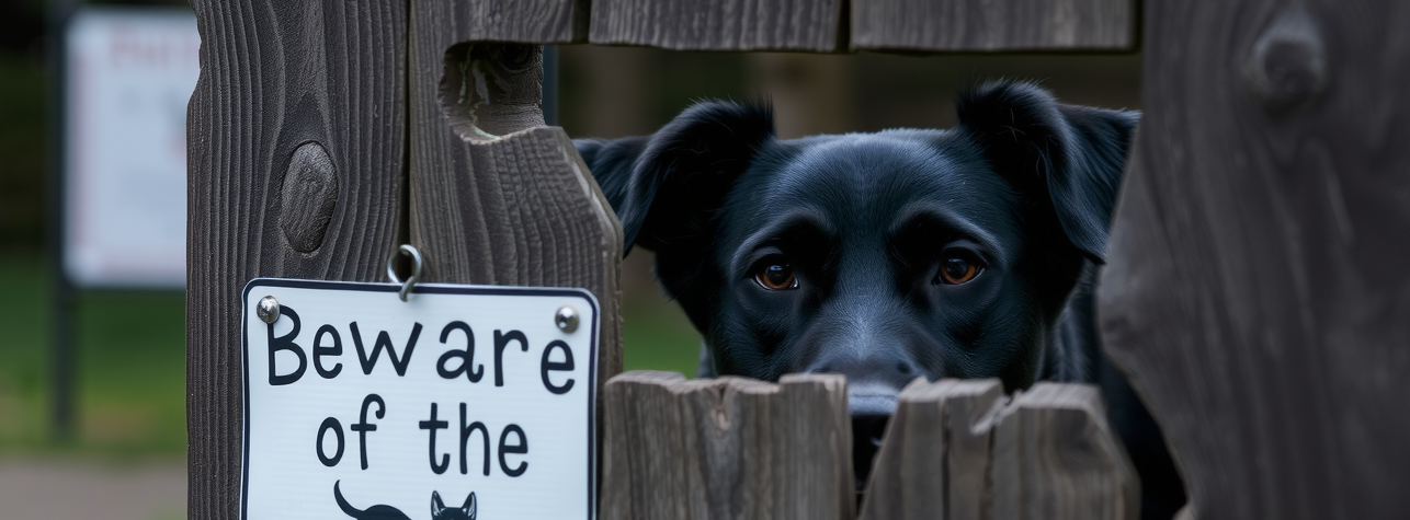 A dog watching through a wooden fence with a sign reading "Beware of the Dog"