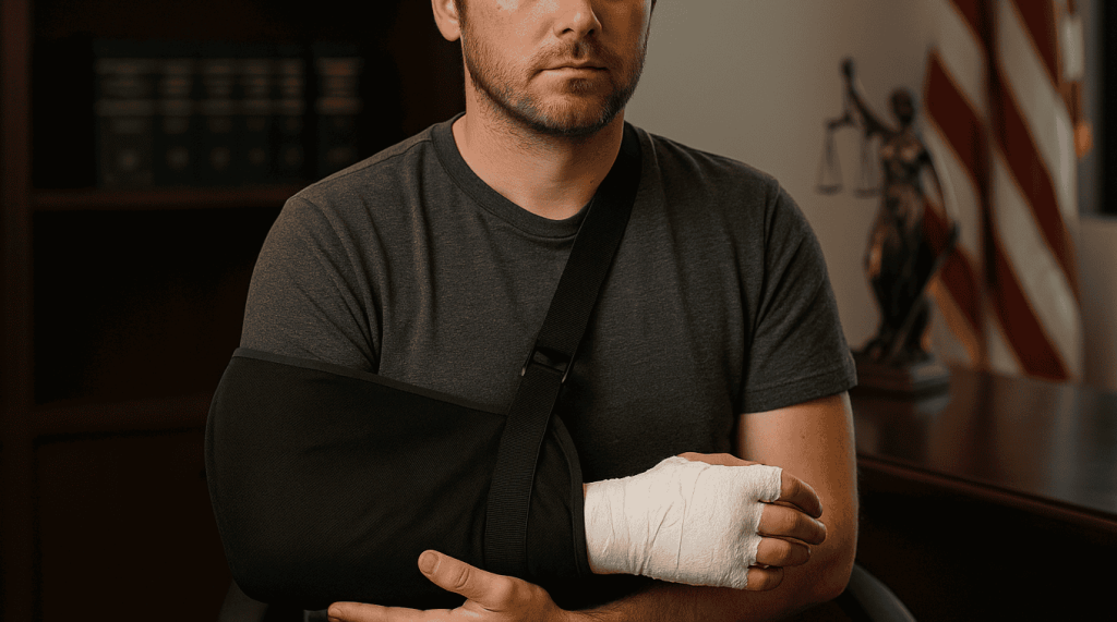 A man with a bandaged hand and arm in a sling sits in a law office
