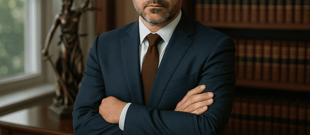 A confident lawyer stands in a sunlit office beside law books and a Lady Justice statue, projecting professionalism and trust.
