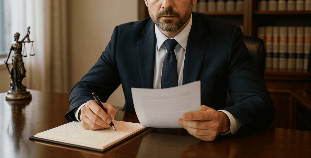 A professional attorney sits at a desk, reviewing documents