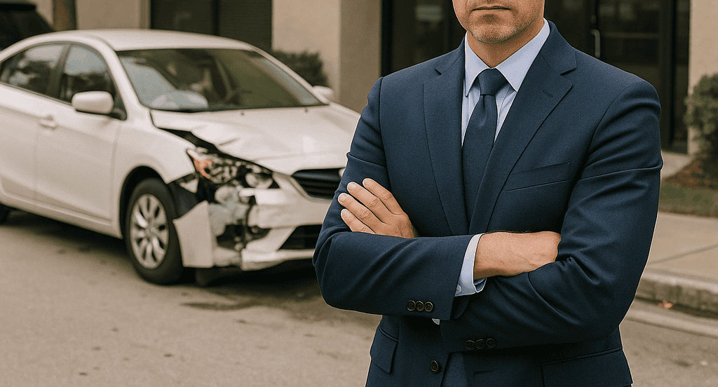A professional attorney stands in front of a law office, with a damaged car parked nearby, symbolizing accident cases.